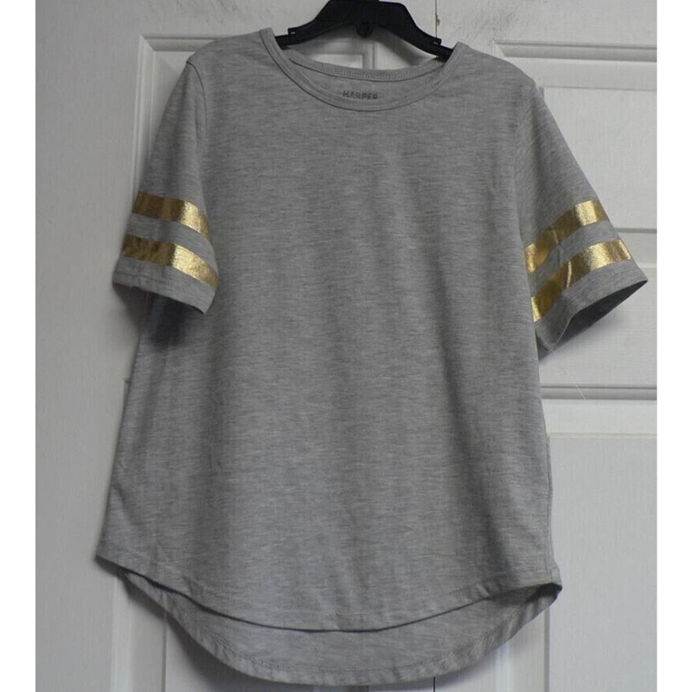 Harper Canyon Girls Short Sleeve Glitter Stripe Tee In Grey/Gold Medium(8/10)